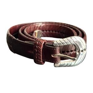 VTG BAS 95 Brown Herringbone Leather Belt Womens Size 44 Silver Tone Buckle